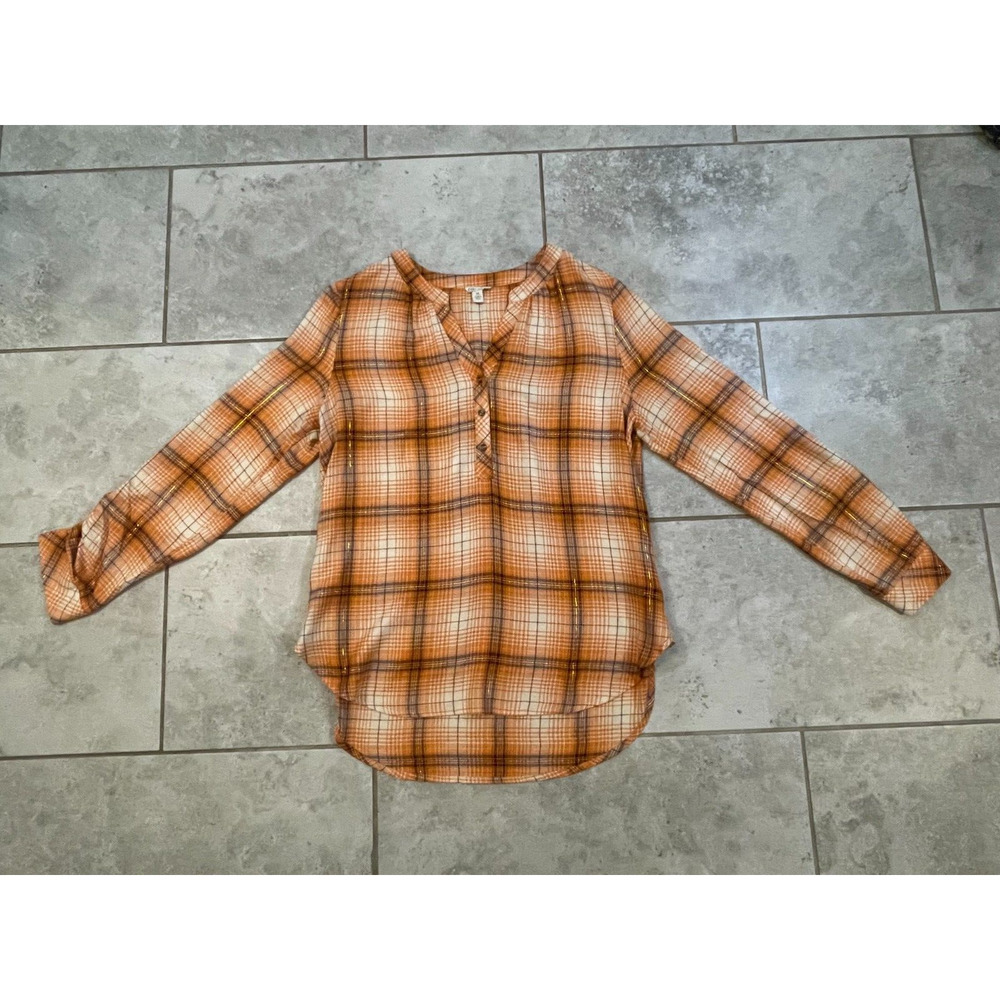 ""CATO Orange Check Plaid Long Sleeve Casual Button Down Shirt Women's SZ M""